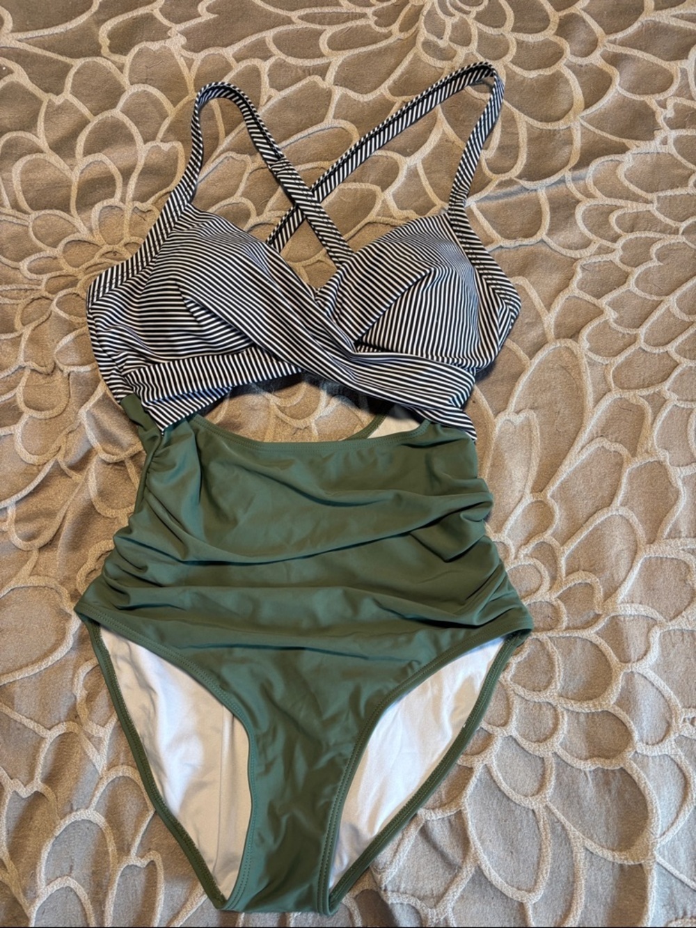 Striped Black & White Top with Olive Green Ruched Kids One-Piece